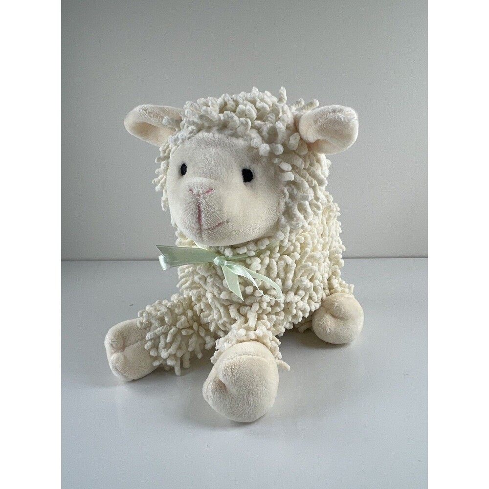 BABY ASPEN Nubby Lamb Sheep 10" Plush Green Bow White Cream Ivory Stuffed Animal